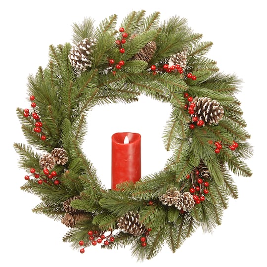 24" Feel Real® Bristle Berry Wreath with Red Electronic Candle, Red Berries & Cones